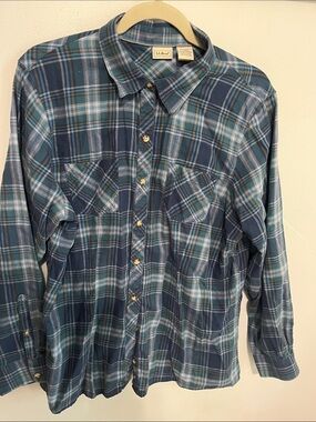 L.L. Bean Navy and Teal Plaid Long-Sleeve Button-Down Shirt